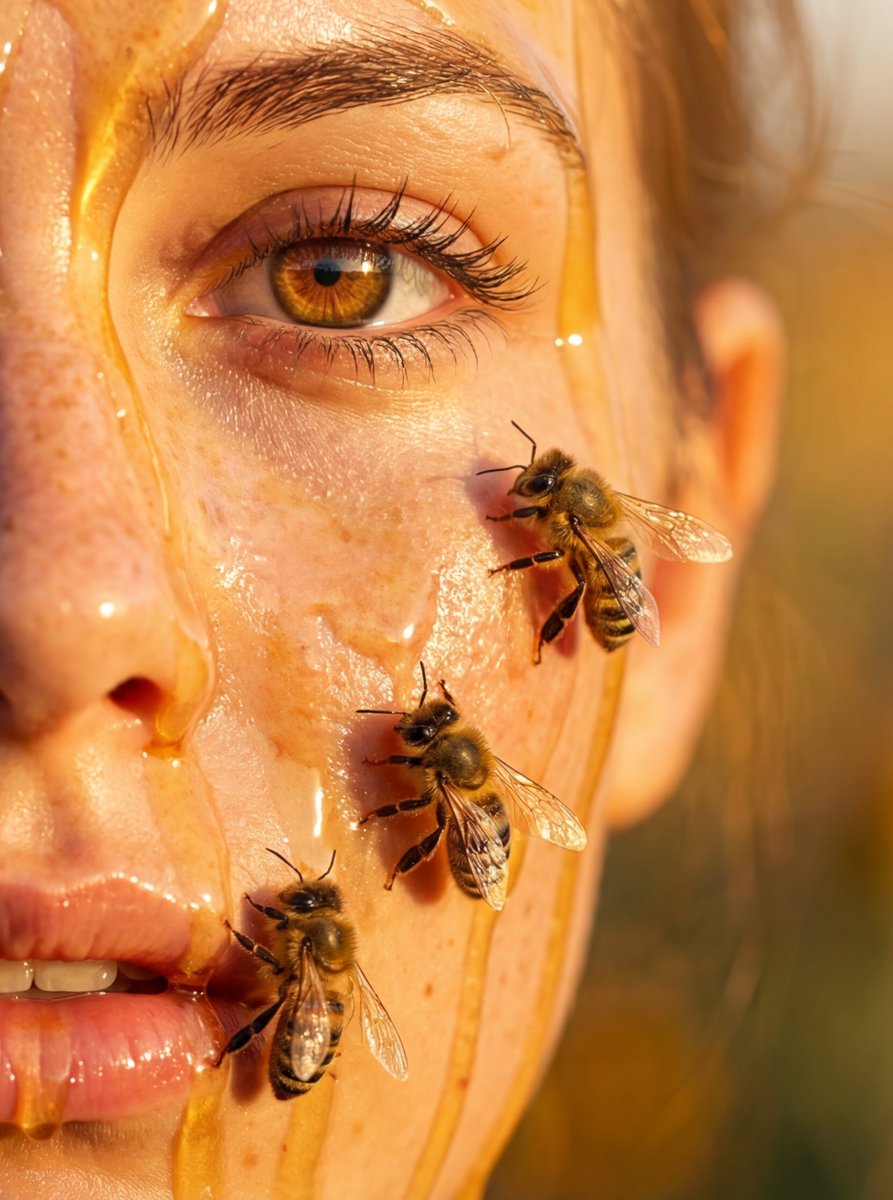 Hyper-real honey-covered woman with bees close-up