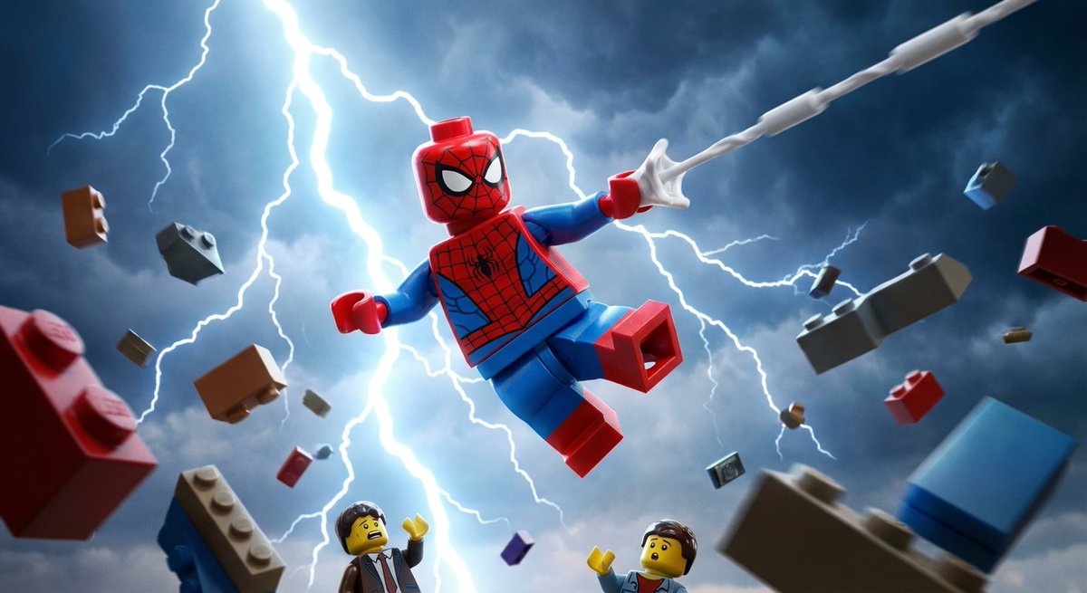 Epic LEGO Spider-Man movie poster scene