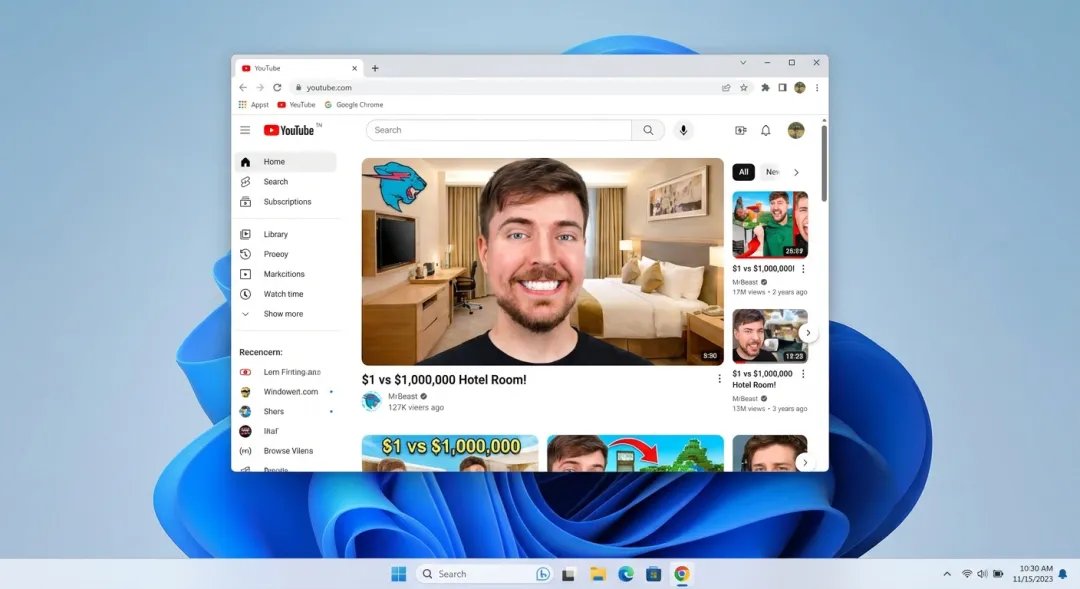 Windows 11 desktop with Chrome and MrBeast on YouTube